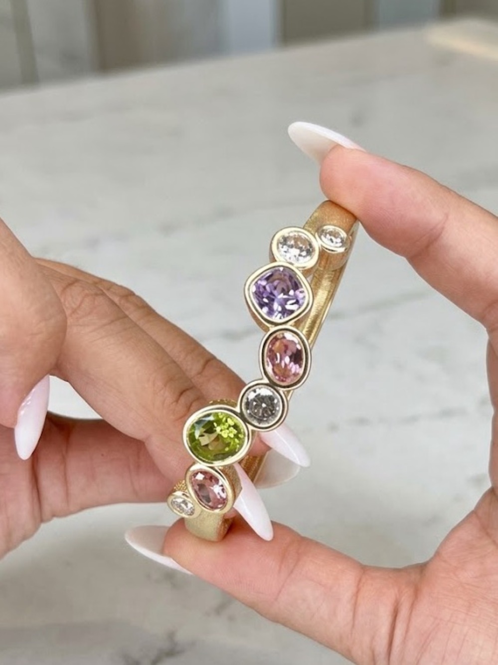New Matte Gold Multi-Gemstone Bangle Bracelet - Pink, Purple, Green & Clear